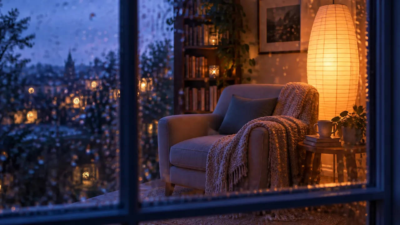 雨粒のついた窓の向こうの、明かりのともる読書の一角