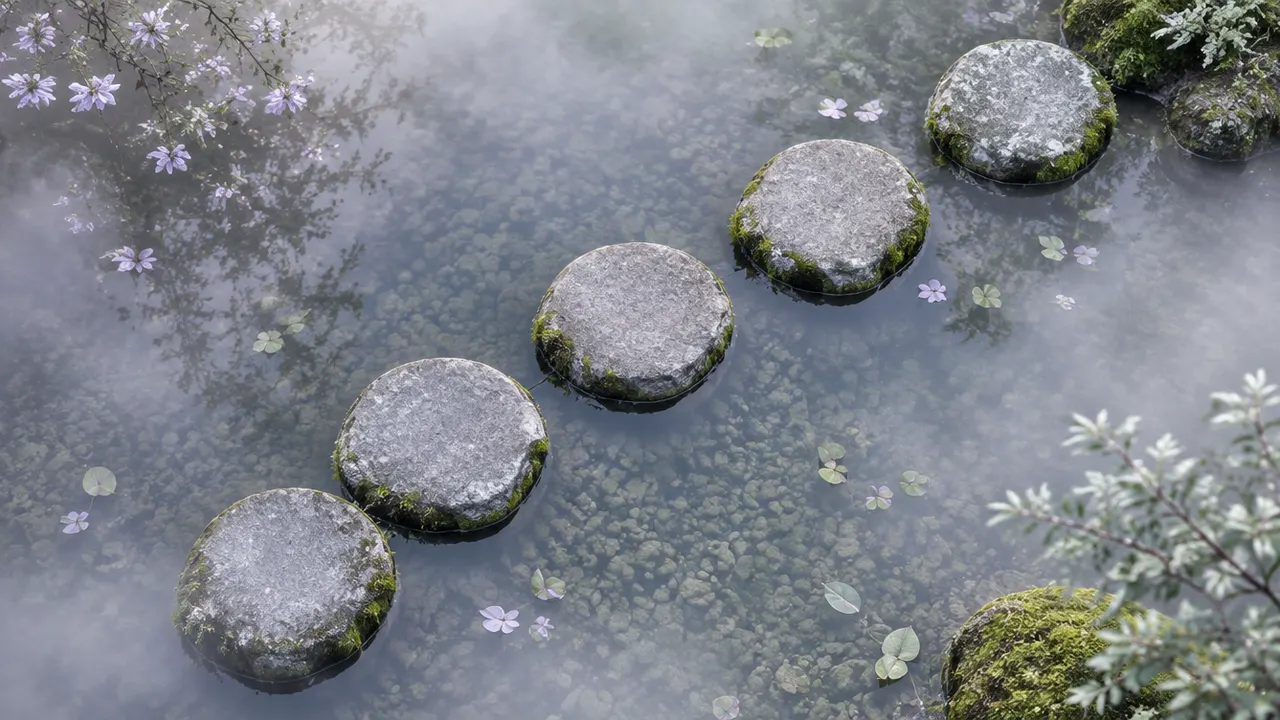 霧の池の上に、少しずつ先へ続く5つの飛び石